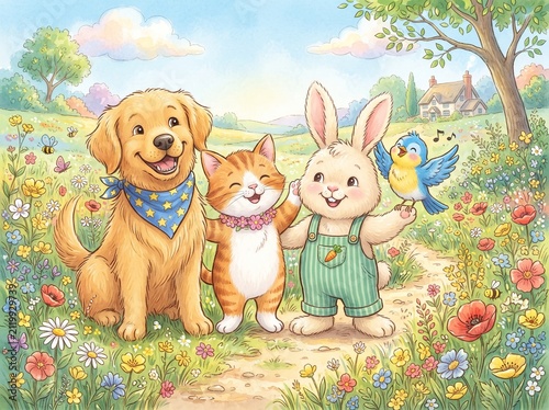 Cute cartoon group of friendly animals standing together in colourful meadow