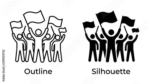 Protest and Demonstration Icons: A set of stylized icons representing a group of people holding flags and marching, suitable for illustrating concepts of protest, demonstration, or social movement.