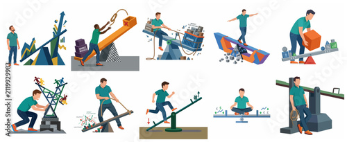 Collection of Business Metaphor Illustrations Showing Financial Stability, Market Growth, Risk Management, and Economic Balance with People and Scales