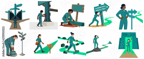 Vector illustration set of a woman in workwear navigating career paths and making strategic business decisions.
