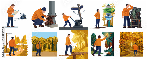 Collection of flat vector illustrations featuring a male worker or explorer engaged in industrial maintenance, machinery repair, navigation, and outdoor hiking in an autumn forest.