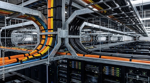automated cable ladder junction carrying redundant fiber and power infrastructure inside enterprise data center for reliable network connectivity