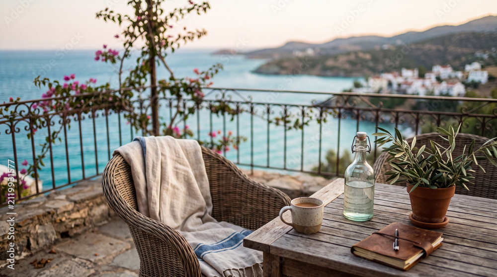 Fototapeta premium A cozy balcony setup overlooking the sea at sunset, with a wicker chair draped in a blanket, a wooden table, a cup of coffee, a water bottle, and a leather notebook.