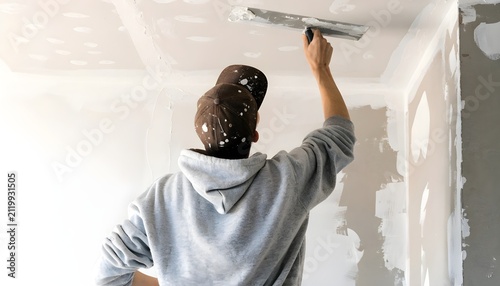 Construction worker plastering a ceiling with a trowel in a residential room renovation