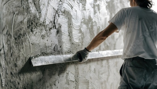 A construction worker uses a metal screed to level fresh wet plaster on an interior wall.