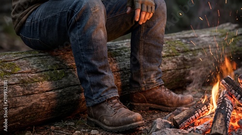 Man wearing boots sitting by a campfire in the woods.
