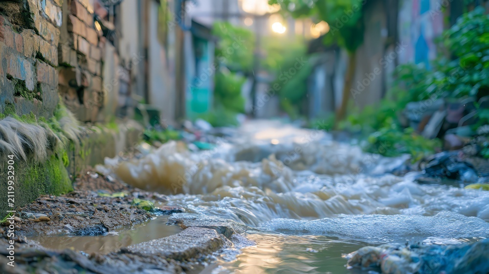 Fototapeta premium Floodwater rushing through a narrow urban alley after heavy rainfall, highlighting flash flooding, extreme weather, climate change, drainage infrastructure, natural disaster, and environmental risk.