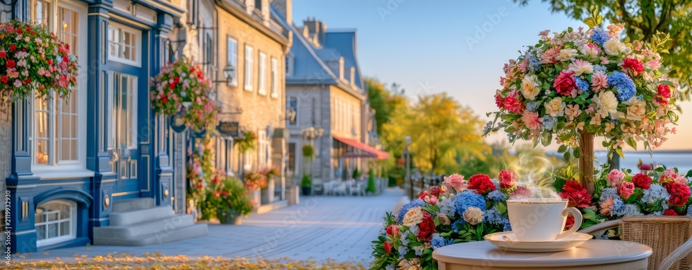 Fototapeta premium Charming European café terrace decorated with blooming flowers along a picturesque old town street, capturing cozy outdoor dining, historic architecture, travel, and romantic everyday city life.