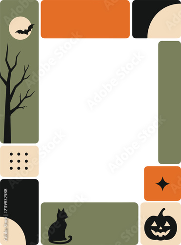 Modern Halloween Geometric Frame Border with Pumpkin and Bat Illustration Vector