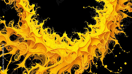 Adobe Illustrator Artwork Abstract vibrant yellow fractal liquid splash crown frame on black background
