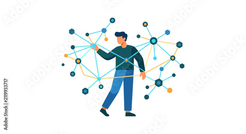 Software architect building complex digital system infrastructure for cloud data network flat vector illustration.