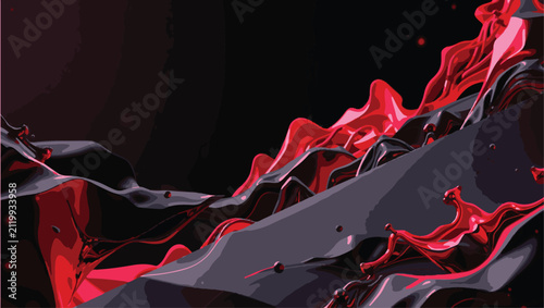 Abstract dynamic red and dark grey liquid paint wave landscape on black background
