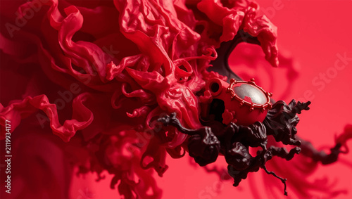 Abstract red and black organic 3D fluid sculpture backdrop with dynamic wave tentacles
