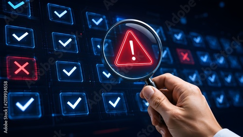 Cybersecurity vulnerability detection concept showing hand with magnifying glass focusing on red warning alert symbol over digital verification panels