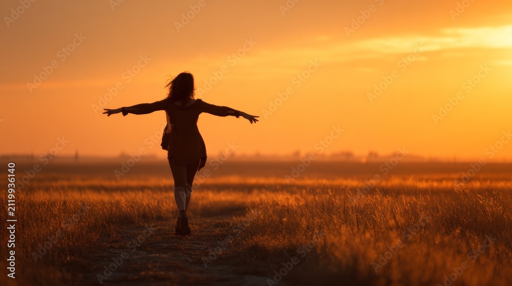 Fototapeta premium Woman enjoying sunset in golden field