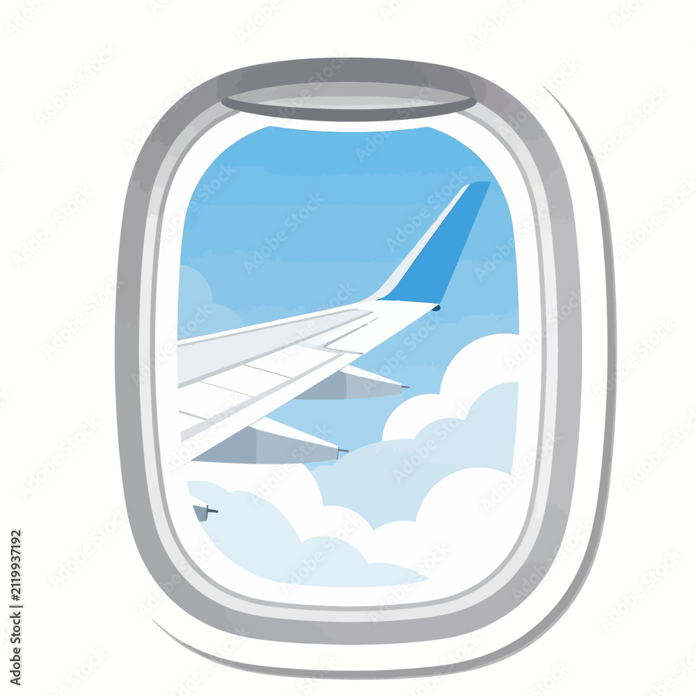 Obraz premium View from an airplane window showing a white wing flying through soft white clouds in a bright clear blue sky during a sunny daytime flight trip