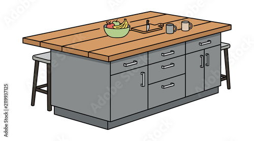 Obraz na płótnie Contemporary kitchen island with long wood countertop grey cabinetry and bar stools including fruit bowl and beverage mugs