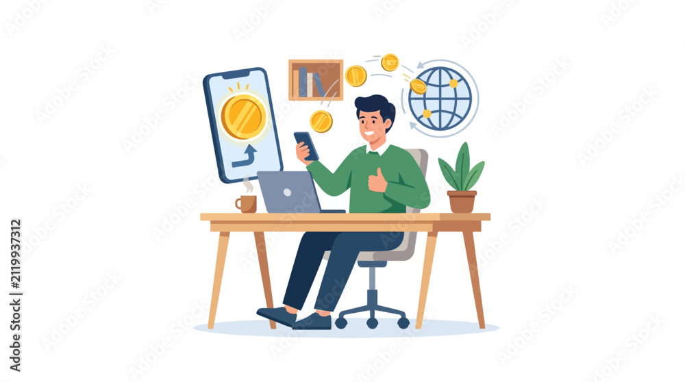 Fototapeta premium Successful freelancer receiving global cross-border payments on smartphone at home office flat vector illustration.