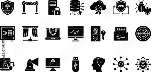 Fotografía Set of black silhouette cybersecurity and data protection icons vector illustrat
