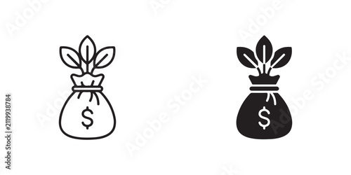 Illustrative money bag icons with growing plant sprouting from top representing investment growth and financial prosperity