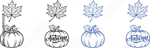 Black and White Line Art Set Featuring Autumnal Maple Leaves and Pumpkins
