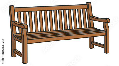 Принти на полотні Classic wooden park bench with vertical slat backrest and curved armrests illustration isolated on white background vector