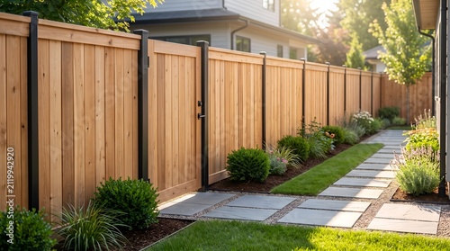 Modern wooden fence with stone path and garden landscaping