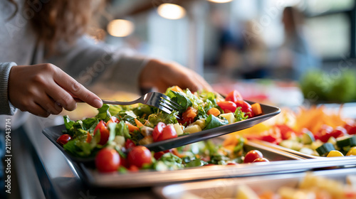 A long-haired student selects a fresh vegetable salad from a bright cafeteria buffet, healthy eating, school lunch, balanced diet, fresh produce, student lifestyle, self service, clean
