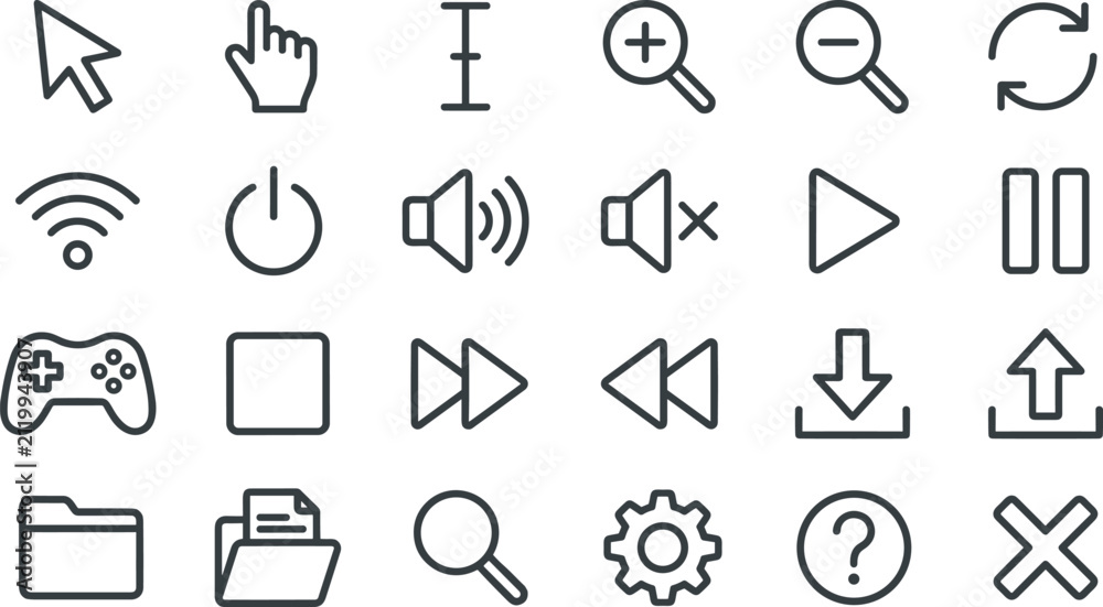 Fototapeta premium Set of computer, media, and navigation line icons for user interface design