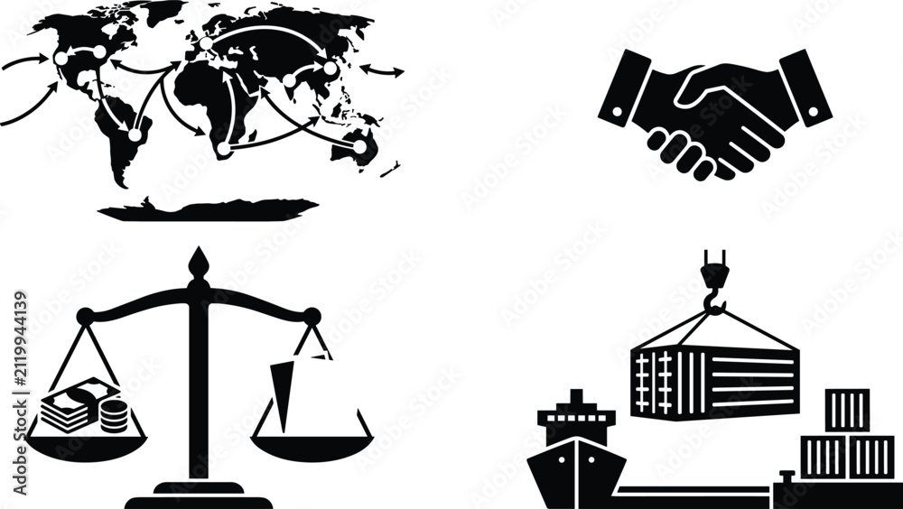 Naklejka premium Set of global trade, business partnership, legal balance, and international shipping icons