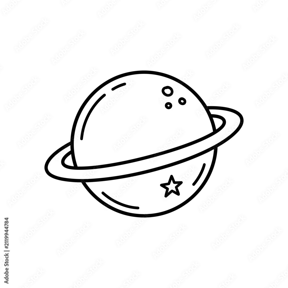 Fototapeta premium Bold line drawing of a cratered ringed planet.