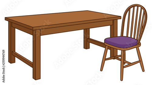 Принти на полотні Wooden table with chair featuring purple cushion and backrest design isolated on white background for interior furniture set