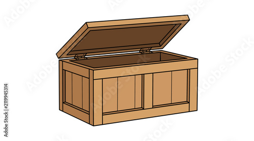 Large open wood chest for organization featuring durable hinges and spacious interior compartment isolated on white ground.