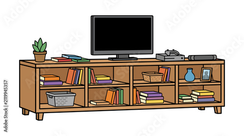Modern wooden television stand with media equipment and books in living room interior flat vector illustration isolated.