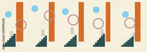 Minimalist geometric pattern featuring repeating stairs and circles in a row