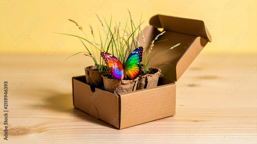 Fototapeta premium Rainbow butterfly on green plants in cardboard box. Vibrant insect on eco-friendly peat pots and grass. Sustainable shipping and nature conservation concept for green marketing.