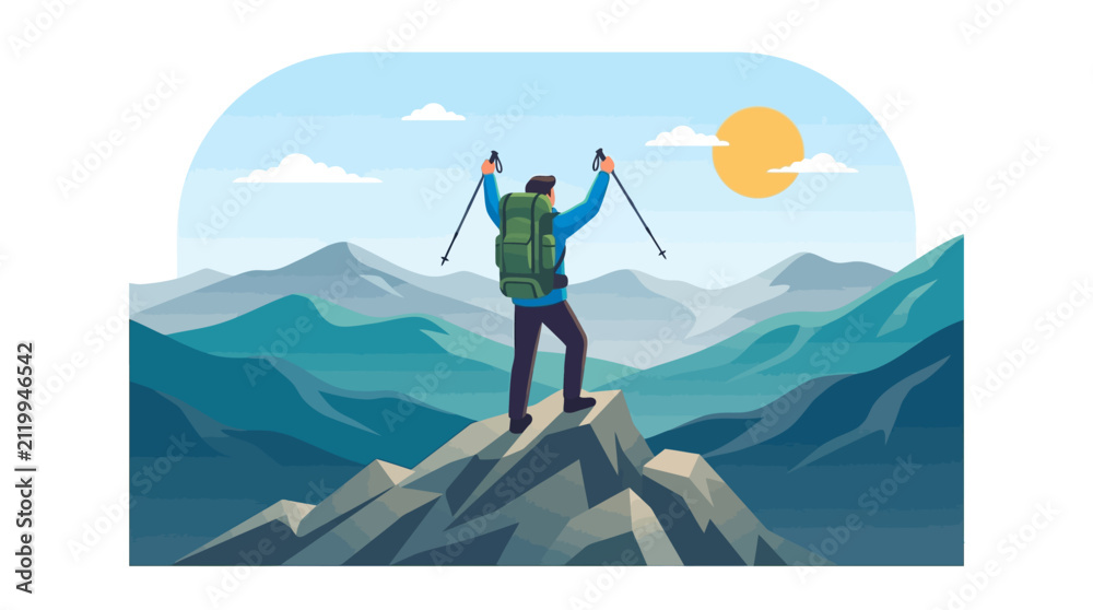 Fototapeta premium Successful hiker reaching mountain summit celebrating achievement with raised hands flat design vector illustration