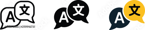 Konstfotografi Translation Language Icon Set featuring speech bubbles with letter A and Asian characters, multilingual communication symbols, localization settings, and editable vector illustrations