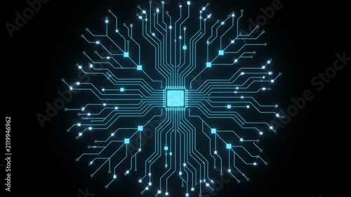Glowing digital circuit board lines expanding from central microchip