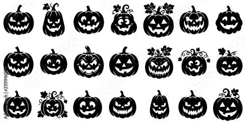 Halloween pumpkin jack-o-lantern faces vector silhouette set, spooky and funny carved pumpkins collection, autumn holiday decoration icons, isolated on white background