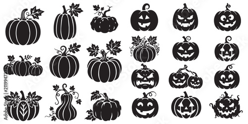 Halloween pumpkin jack-o-lantern faces vector silhouette set, spooky and funny carved pumpkins collection, autumn holiday decoration icons, isolated on white background