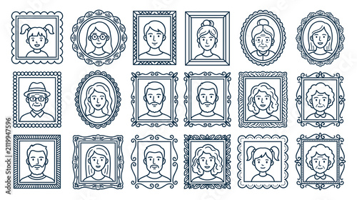 Set of simple outline portraits in decorative frames, family photos.