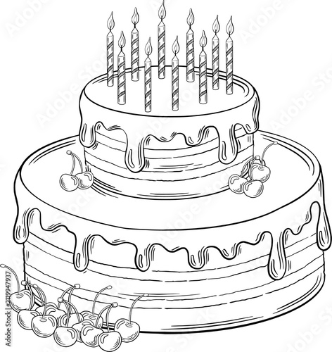 Hand drawn minimalist birthday party icon set, cake present and balloon in ink doodle sketch style, isolated on white background. Engraving illustration invitations, menus, package and parties.