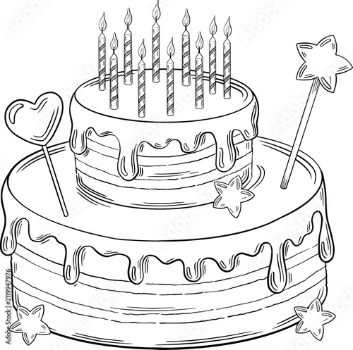 Hand drawn minimalist birthday party icon set, cake present and balloon in ink doodle sketch style, isolated on white background. Engraving illustration invitations, menus, package and parties.