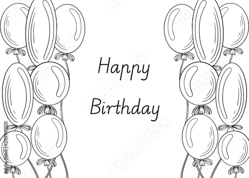 Hand drawn minimalist birthday party icon set, cake present and balloon in ink doodle sketch style, isolated on white background. Engraving illustration invitations, menus, package and parties.