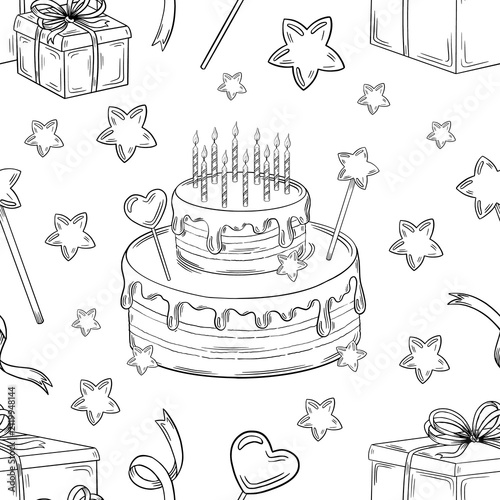 Hand drawn minimalist birthday party icon set, cake present and balloon in ink doodle sketch style, isolated on white background. Engraving illustration invitations, menus, package and parties.