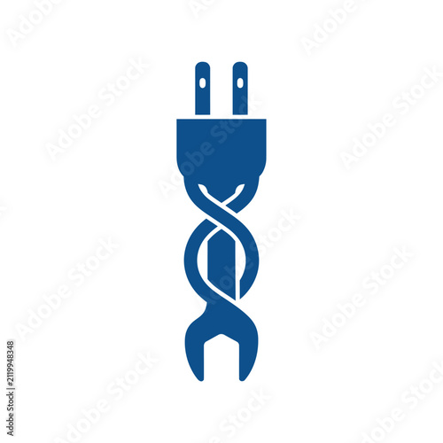 Intertwined blue power plug and wrench tool logo.