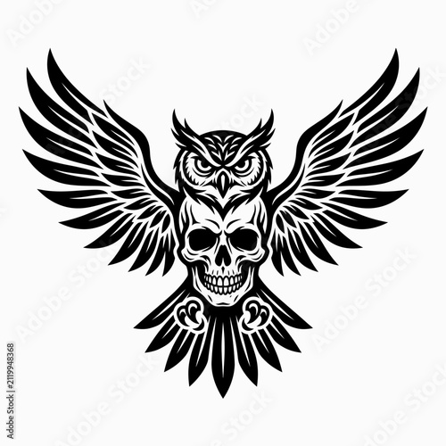Intricate black and white owl skull mascot logo.