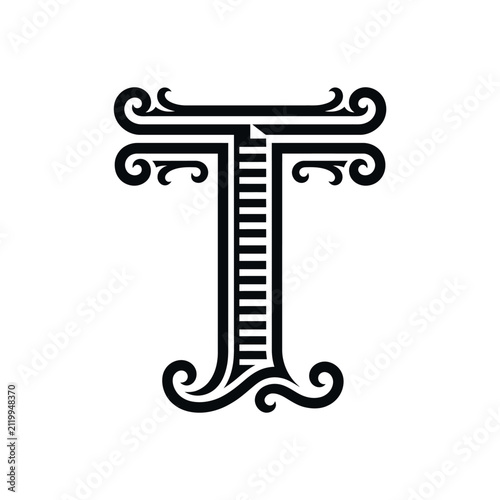 Intricate black ornamental letter T monogram design.