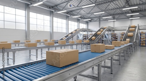 Automated Conveyor Belt System Transporting Cardboard Boxes In Modern Fulfillment Warehouse